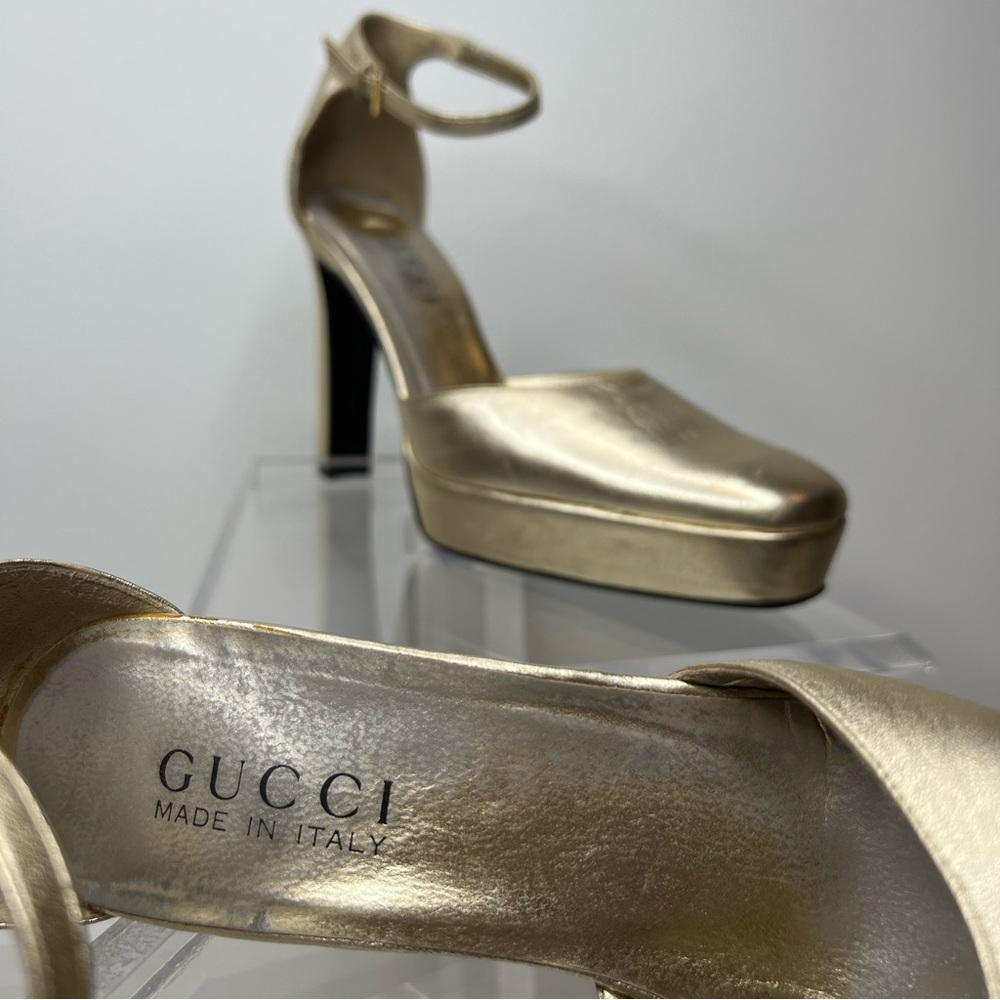 Gucci Metallic Gold Platform Ankle-Strap Pumps - Picture 2 of 16